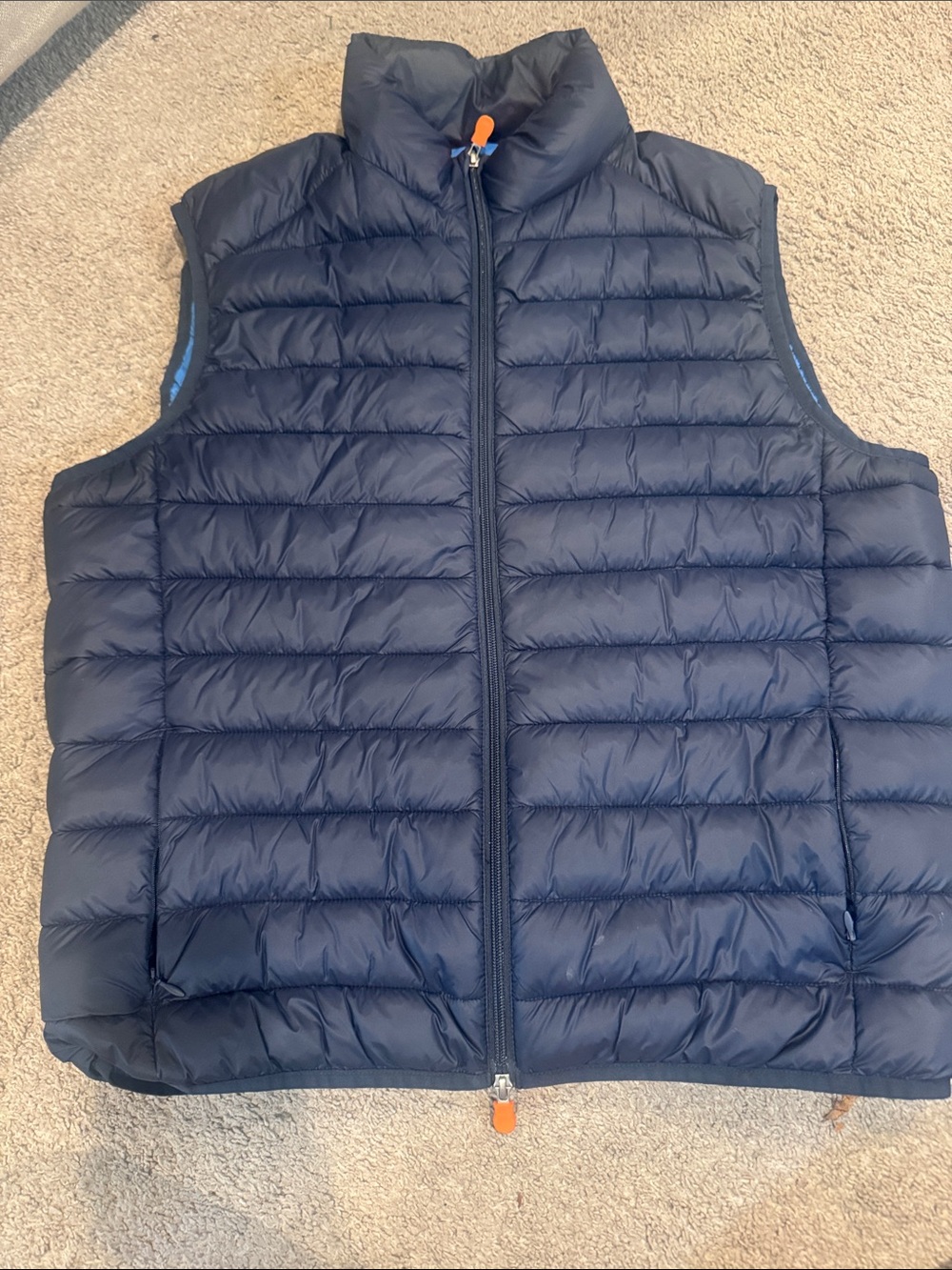 SAVE THE DUCK Navy Quilted Puffer Vest with Orange Pull Tabs